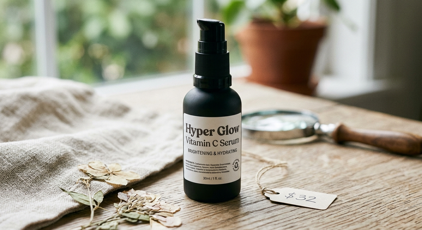 Black pump bottle labeled "Hyper Glow Vitamin C Serum" resting on a wooden tabletop next to a $32 price tag.