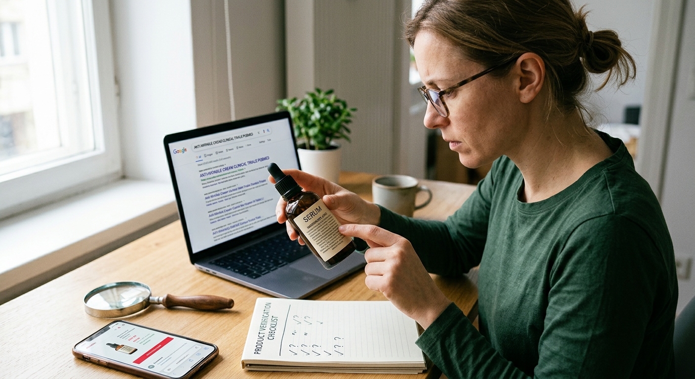 A focused woman checks a skincare bottle label against research on her laptop next to a verification checklist.