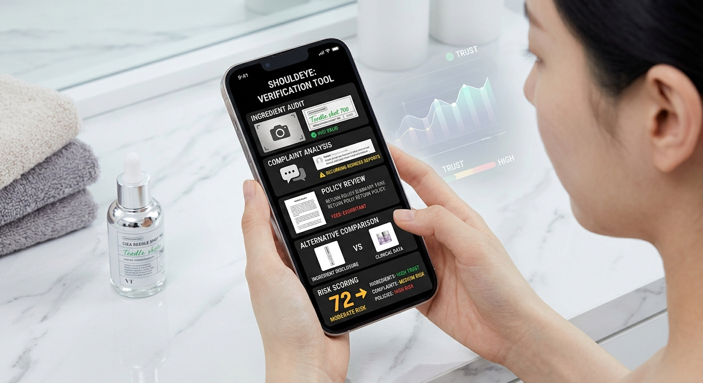 Person holding a smartphone displaying an AI product verification app dashboard next to a skincare serum bottle.