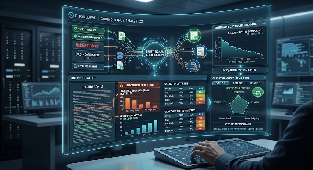 Digital analytics dashboard displaying ShouldEye casino bonus trust signals, risk detection, and EyeQ comparison tools.