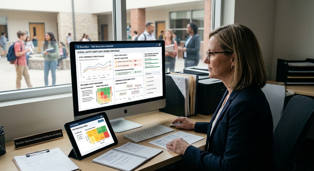 An administrator sits at a desk in front of a computer, looking at a dashboard of graphs and charts for a school safety audit.