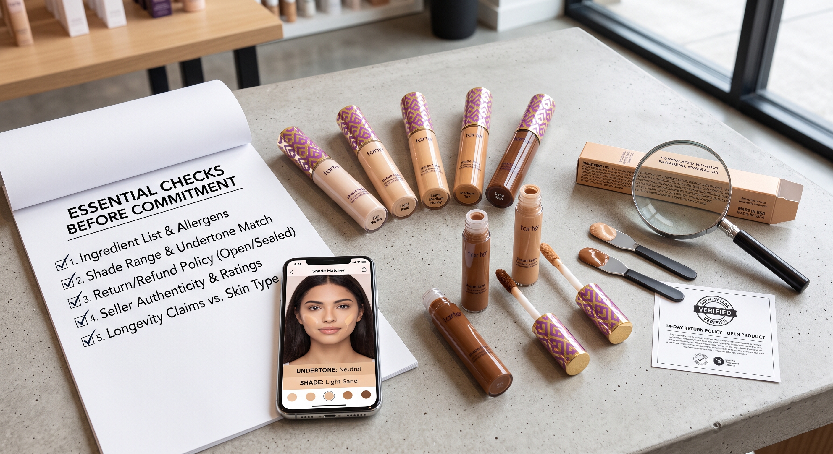 A printed checklist next to various shades of liquid concealer, a smartphone shade matcher, and a magnifying glass.