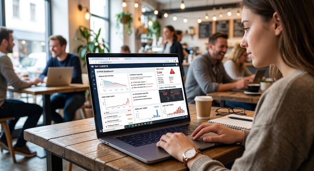 A woman uses a laptop in a cafe, viewing a detailed cybersecurity "Unified Dashboard" with multiple data visualizations.