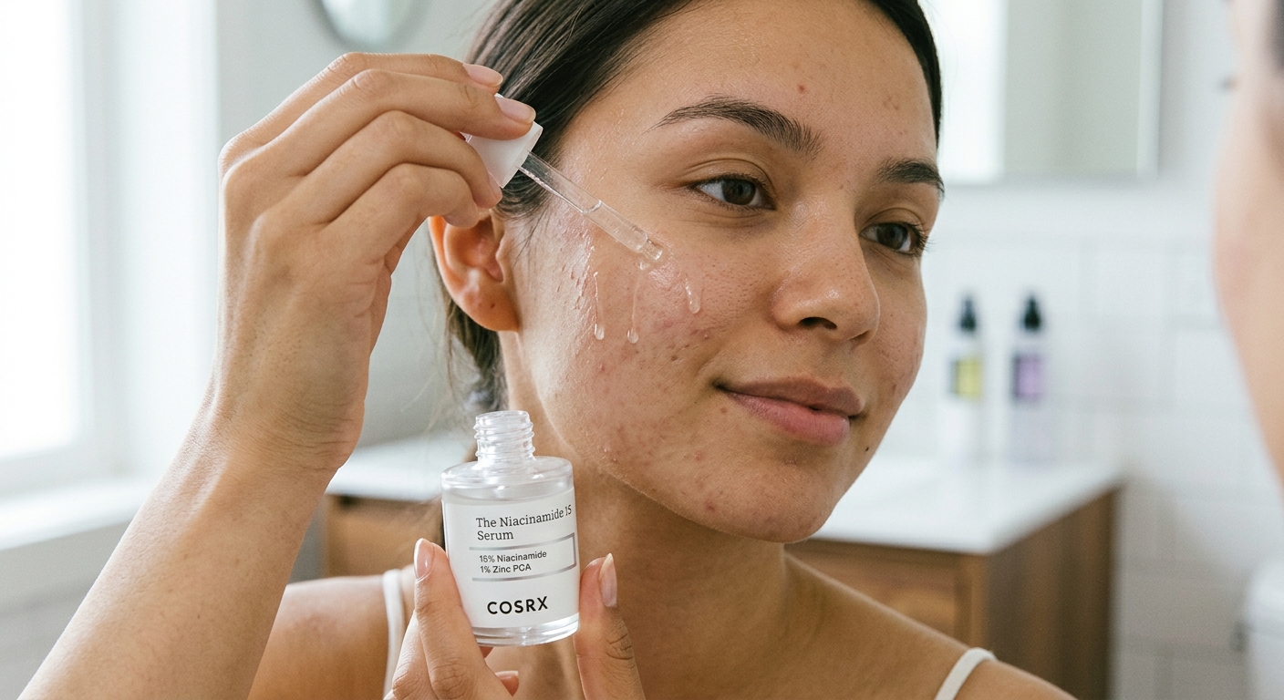 A woman with acne-prone skin applies COSRX Niacinamide 15 Serum drops onto her face using a dropper in a bright bathroom.