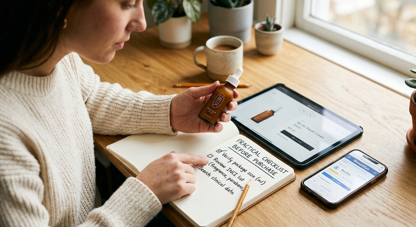 A woman with a checklist holds a serum bottle at a desk with a laptop displaying a product and a phone showing reviews.