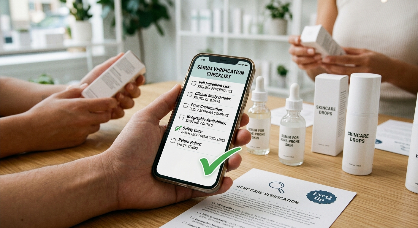 A hand holds a phone displaying a skincare checklist, with acne serum bottles and a price comparison tip on the table.