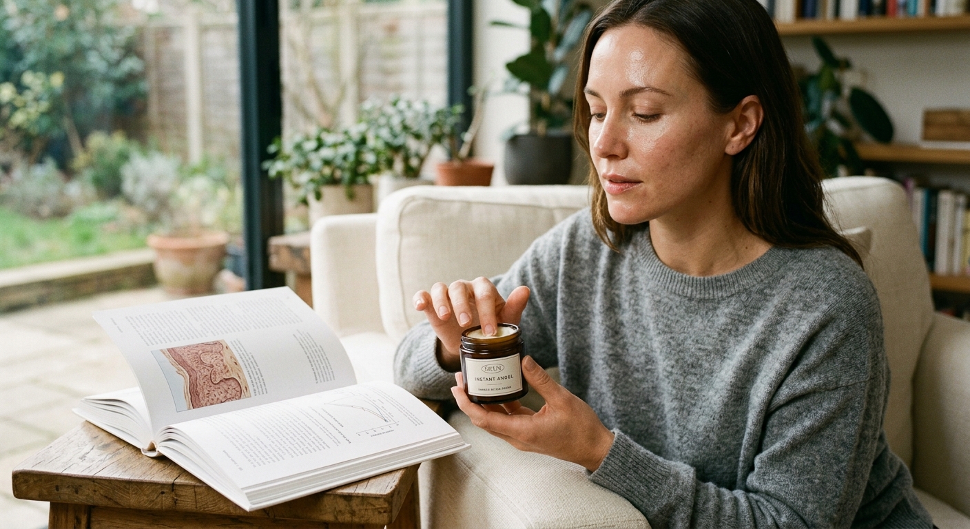 A woman in a grey sweater holds an "Instant Angel" cream jar while looking at an open book with anatomical illustrations.