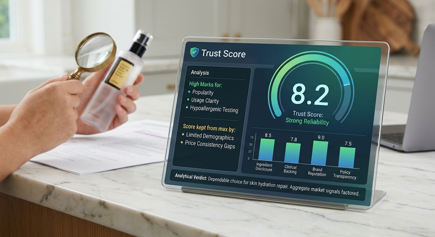 Digital display showing an 8.2 Trust Score breakdown on a marble table next to a person holding a skincare product.