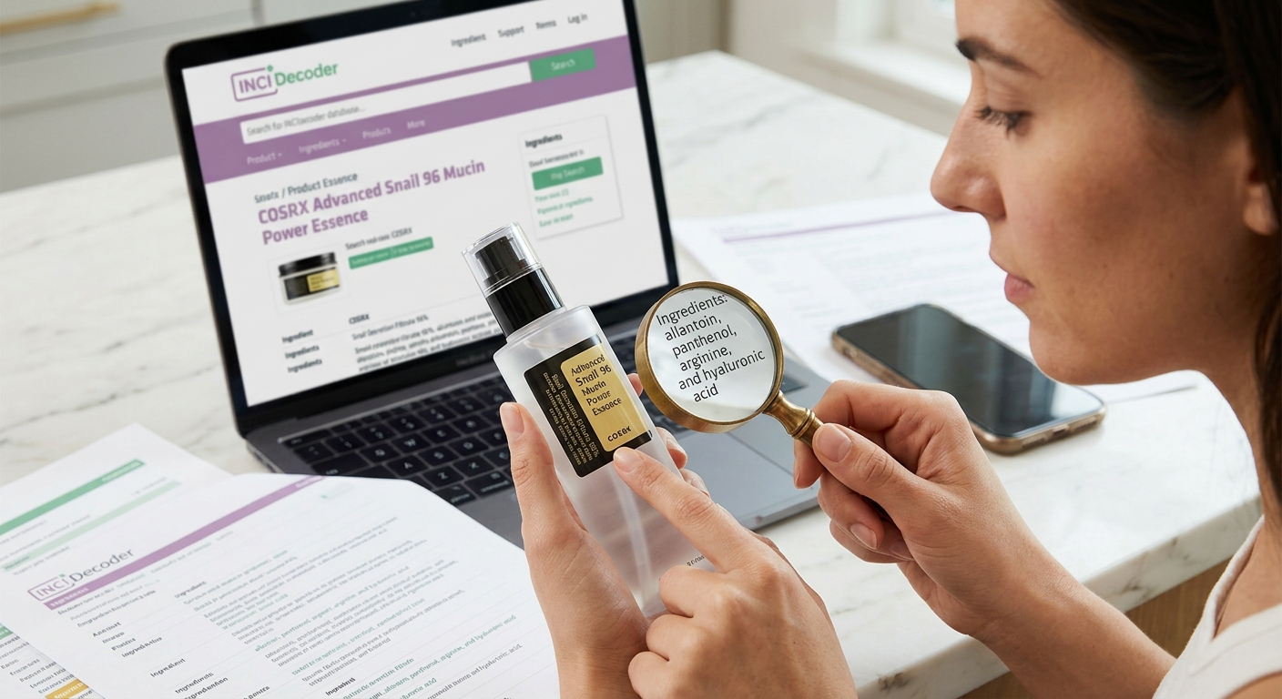 Woman using a magnifying glass to check skincare ingredients on a bottle in front of a laptop showing INCIDecoder.