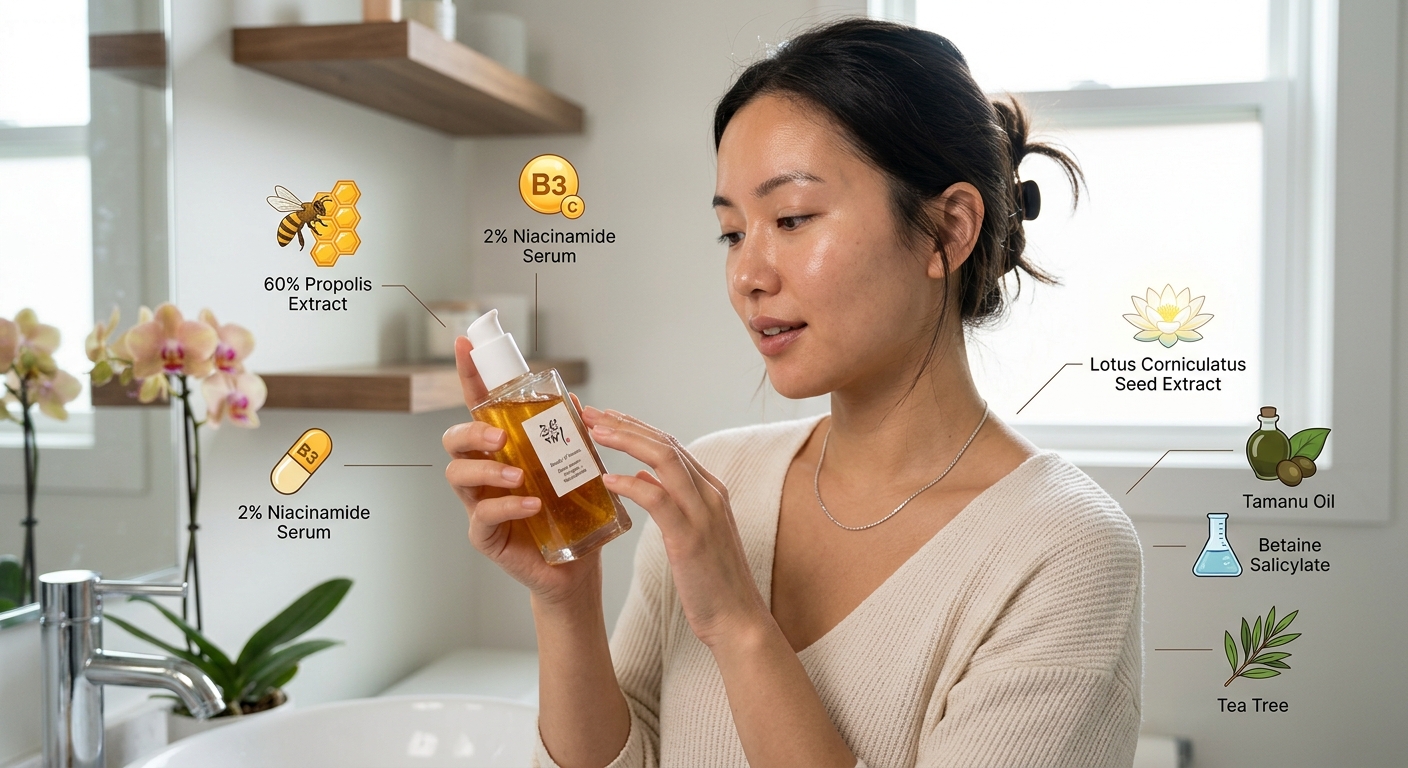 A woman in a bathroom inspects a propolis serum bottle surrounded by labeled ingredient icons like niacinamide.