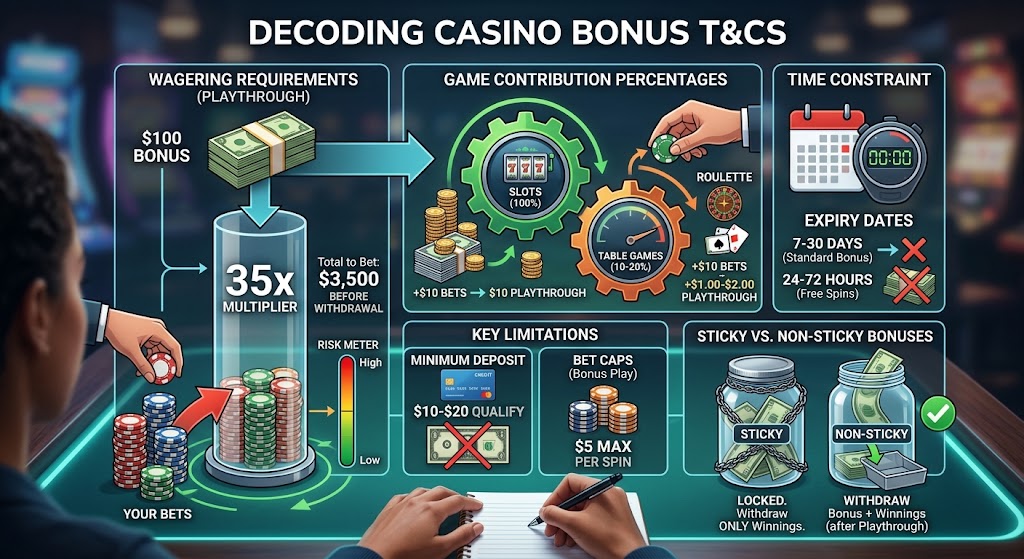 An infographic breaking down online casino bonus terms including wagering requirements, game contributions, and expiry.
