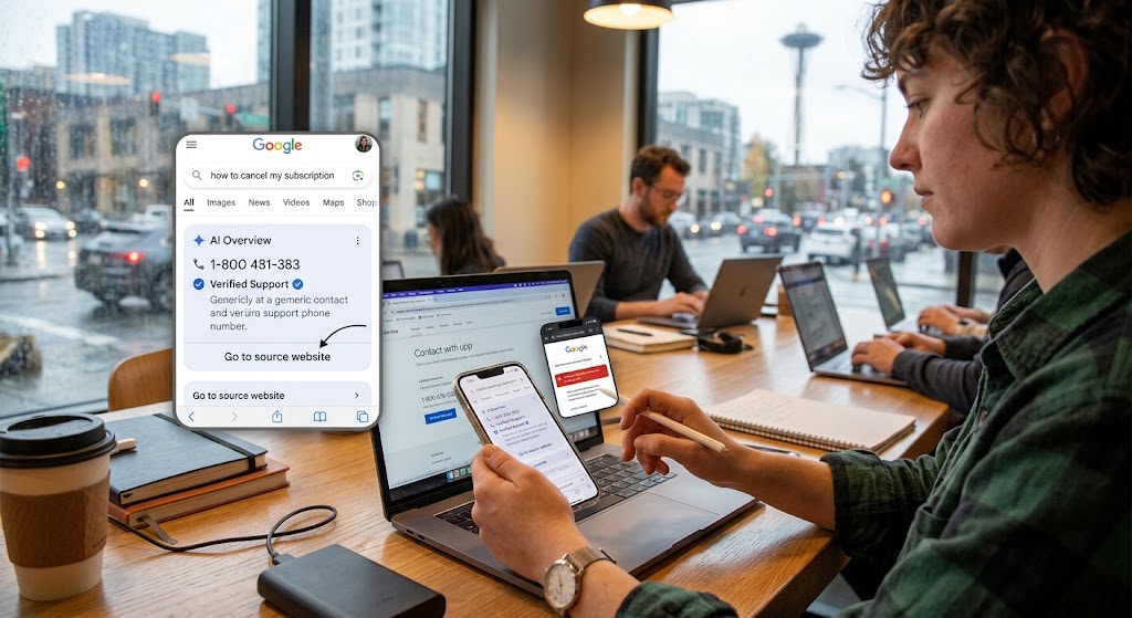 Woman in a cafe checking a search result's AI Overview on her phone and verifying the contact page on her laptop.