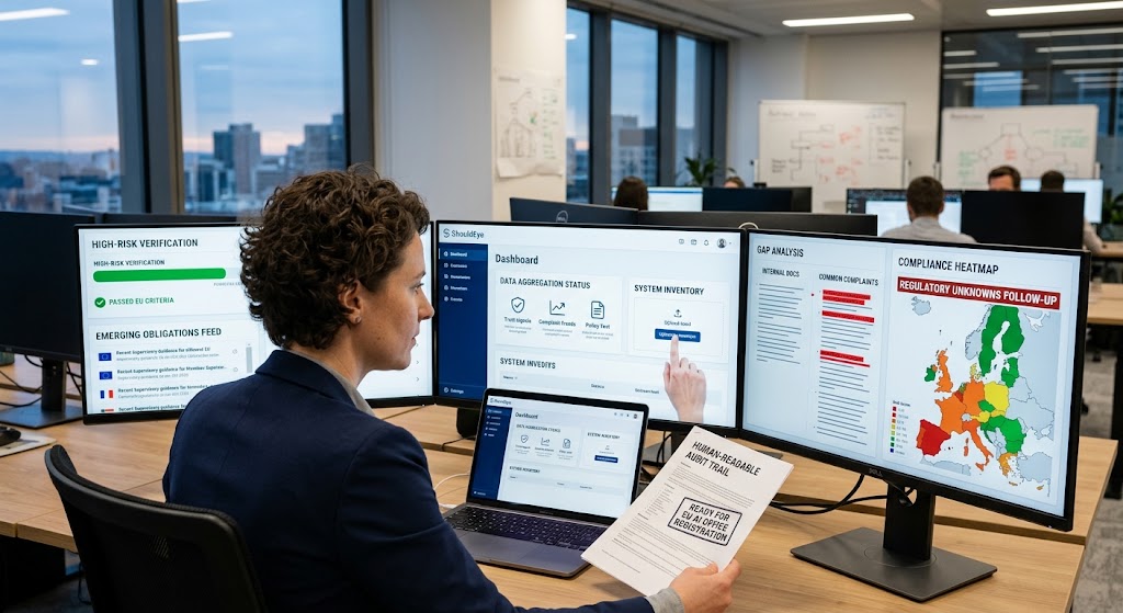 An analyst uses a multi-screen "ShouldEye" dashboard for EU AI Act compliance, including risk assessment and maps.