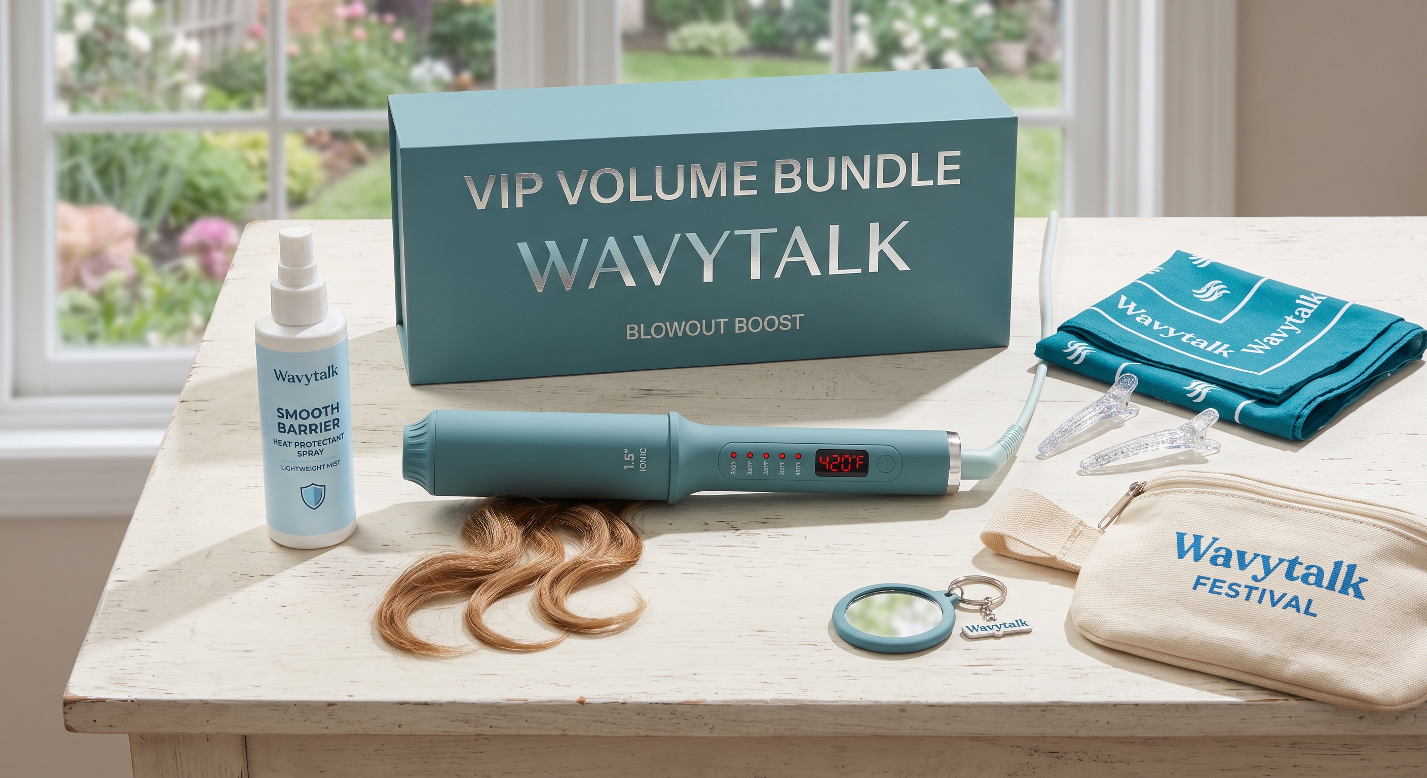 The Wavytalk VIP Volume Bundle includes a thermal brush, heat protectant spray, bandana, clips, belt bag, and mirror.