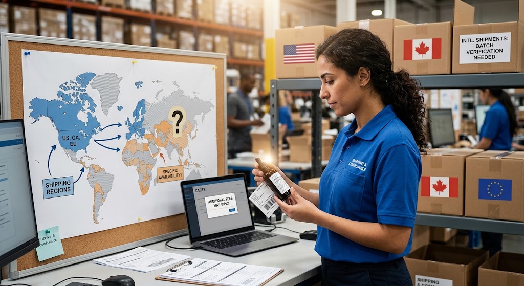 Woman examines cosmetic bottle in warehouse, with a world map showing "US, CA, EU" shipping regions and a question mark.