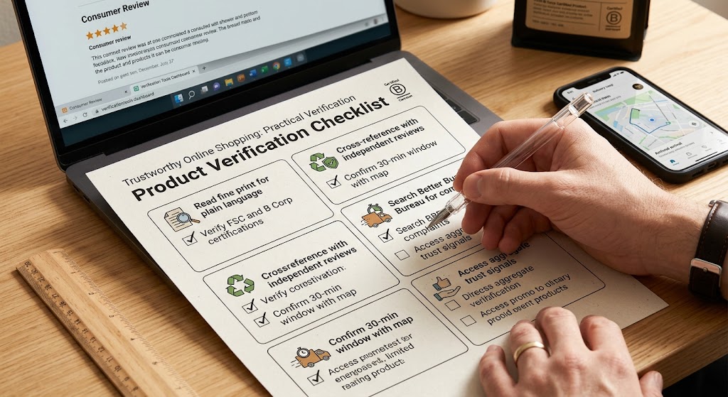Close-up of hands filling out a physical 'Product Verification Checklist' with pen, on a desk with a laptop and phone.