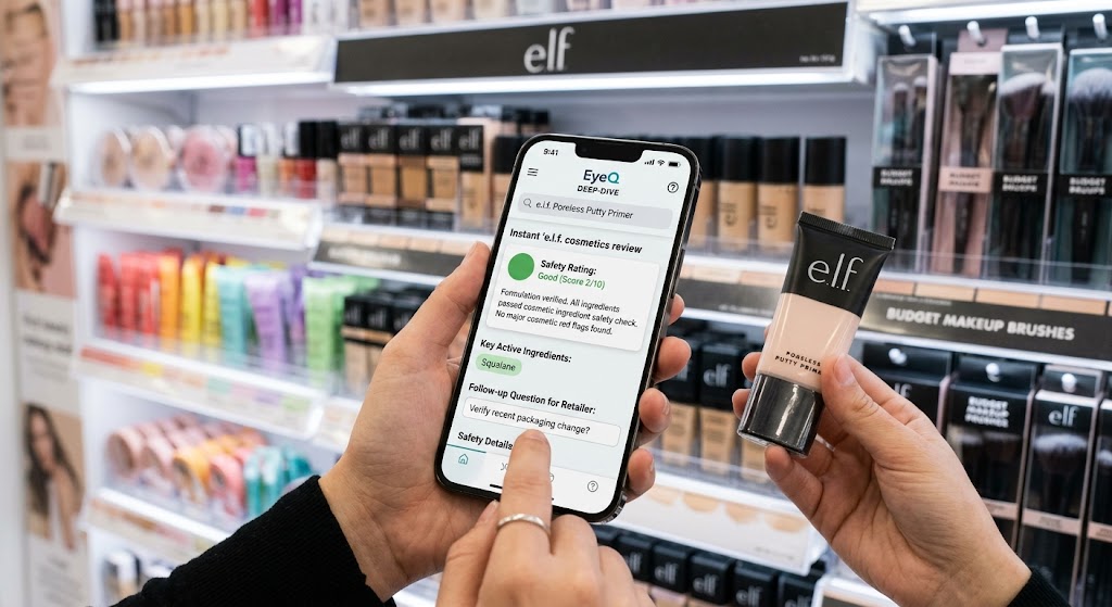 Smartphone showing EyeQ app safety analysis next to an e.l.f product held in a retail makeup aisle store.