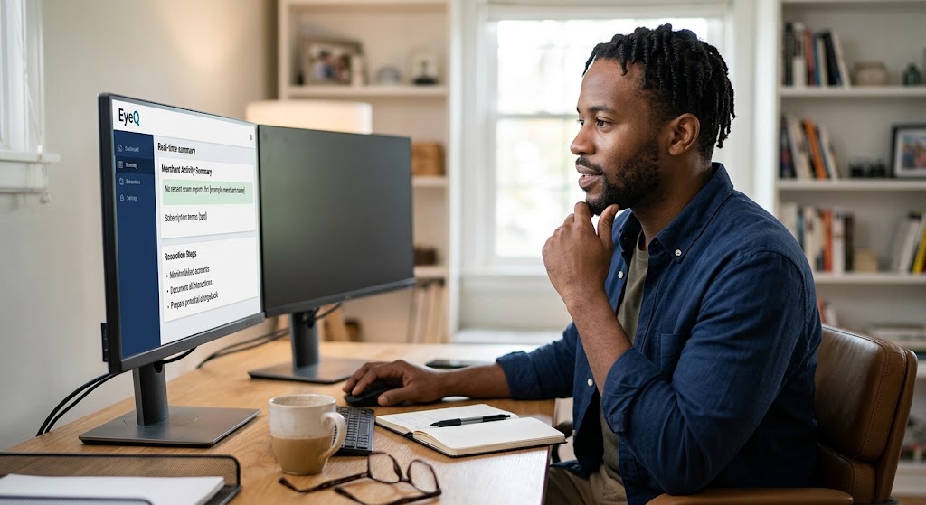A man at a desk looks at a computer monitor displaying the EyeQ interface with merchant summary and resolution steps.