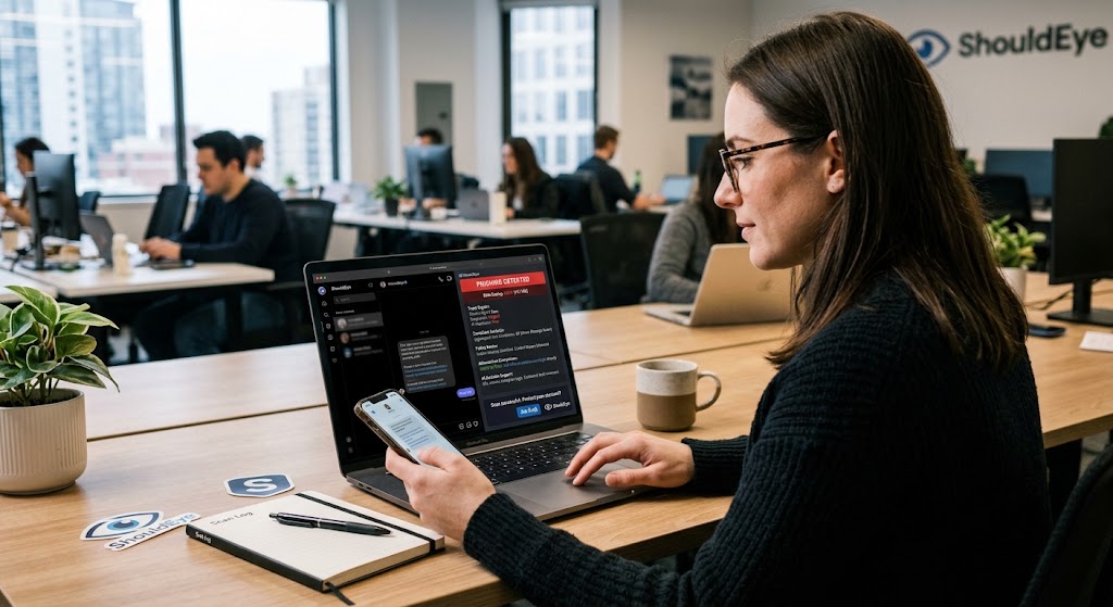 A woman in an office uses ShouldEye AI on her laptop to scan a suspicious link from her phone for security risks.
