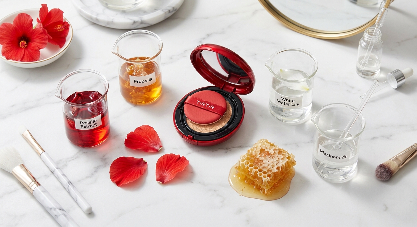 Open TIRTIR Red Cushion compact surrounded by beakers of Roselle, Propolis, White Water Lily, and Niacinamide extracts.