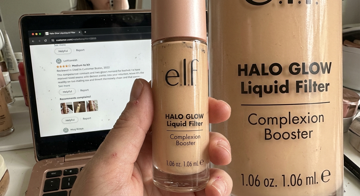 Person holding e.l.f. Halo Glow Liquid Filter bottle in front of customer reviews on a laptop screen showing complaints.