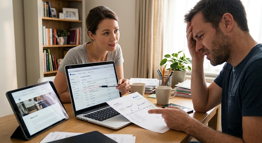 A couple reviews a confusing PayPal transaction on a laptop and paper statement at their kitchen table, looking stressed.