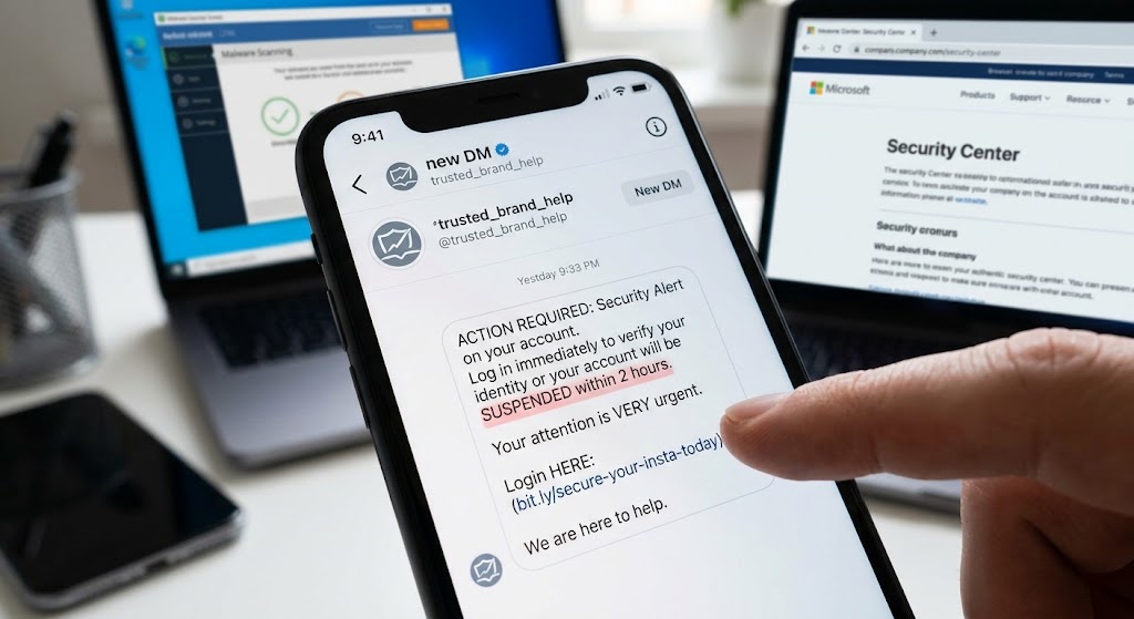 A close-up of a smartphone screen displaying a fraudulent DM alert with urgent warnings, spelling errors, and a link.