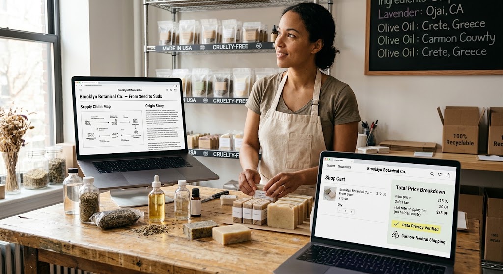 A candid photo of a small business owner labeling handmade soap, with two laptops displaying clear product origin maps and detailed price breakdowns.