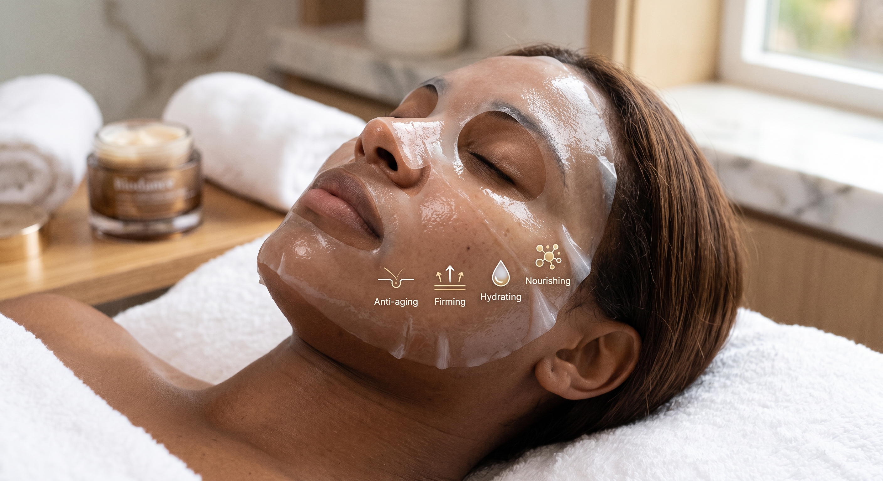 A woman wears a clear hydrogel face mask with icons labeled Anti-aging, Firming, Hydrating, and Nourishing beside her.