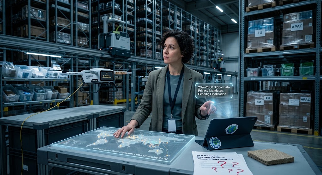 A female logistics manager operates a futuristic supply-chain dashboard with a drone and global data privacy alerts.