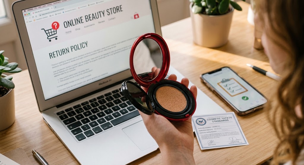 Shopper reviewing return policies and safety standards on a laptop while inspecting a cushion foundation compact.
