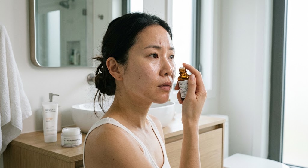 A woman uses the EyeQ app on her phone to compare skincare products, showing price, trust signals, and complaints.