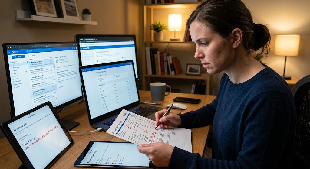 A woman at a desk reviews a bank statement while checking sent emails and security settings on multiple monitors.