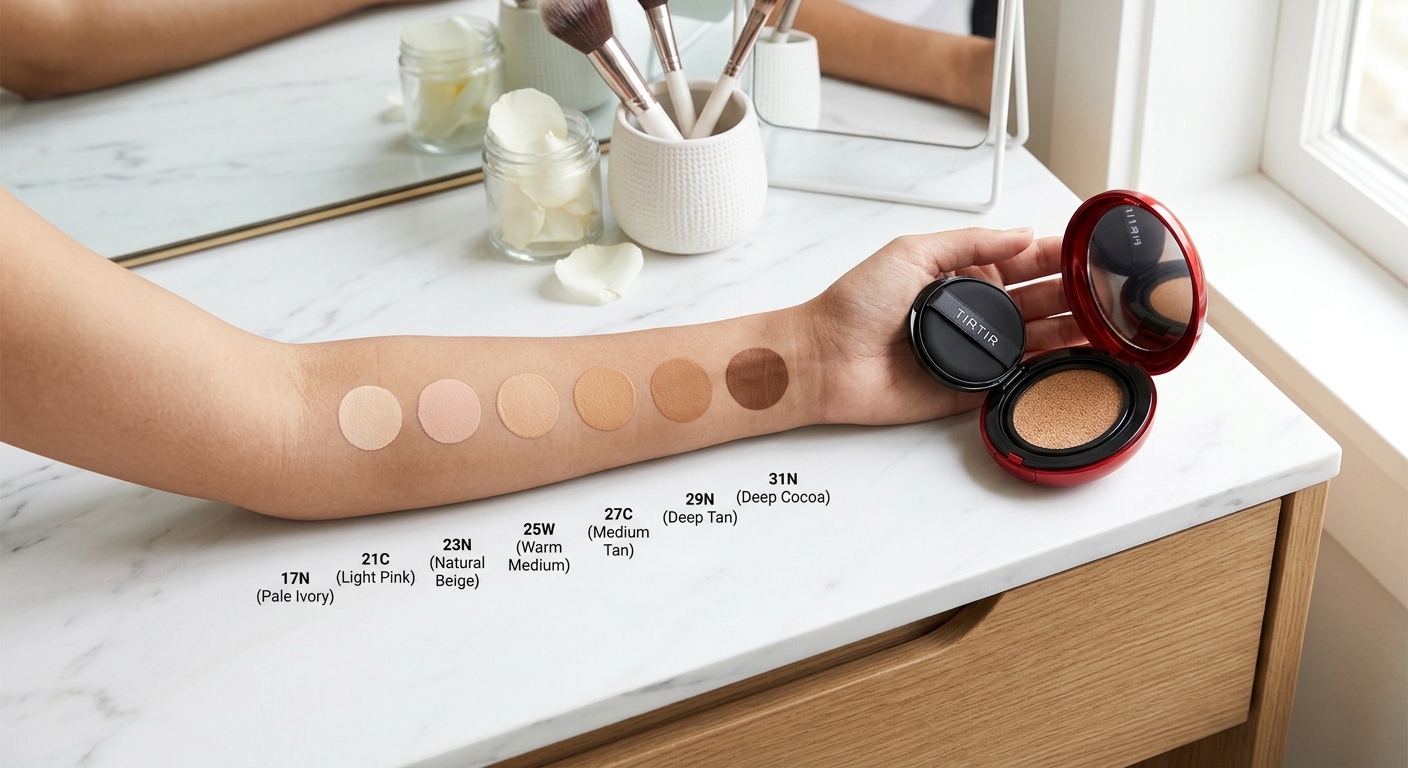 Arm swatches of TIRTIR Red Cushion foundation shades from light to deep next to an open red cushion compact on a vanity.