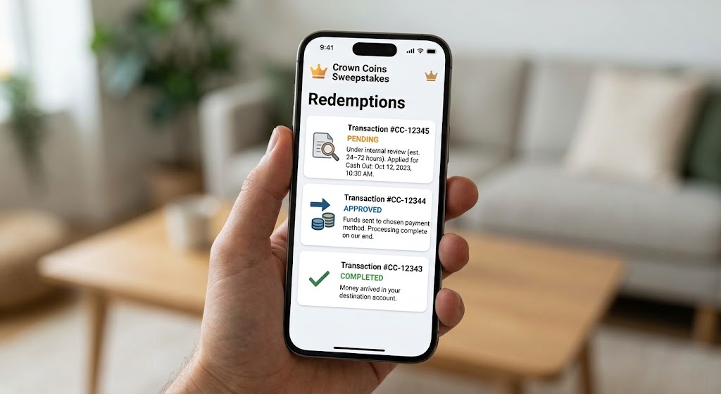 A hand holding a smartphone displays the Crown Coins Sweepstakes redemptions page showing Pending, Approved, and Completed transactions.
