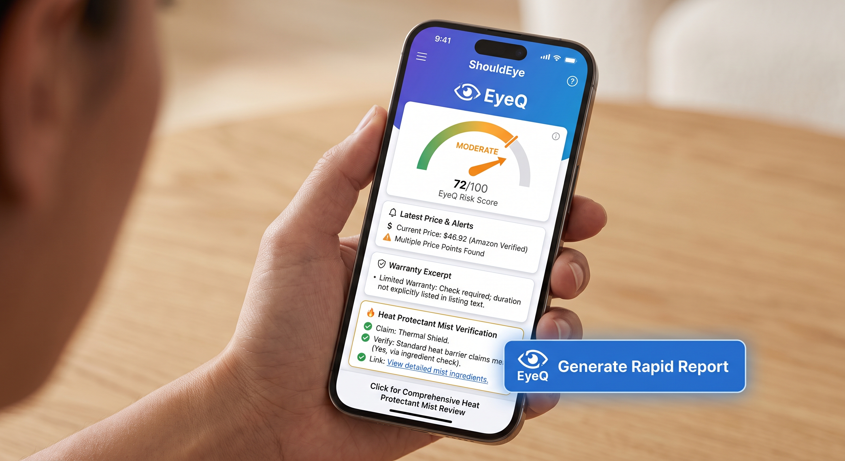 A smartphone displays the EyeQ interface with a risk score dashboard, pricing alerts, and heat protectant verification.