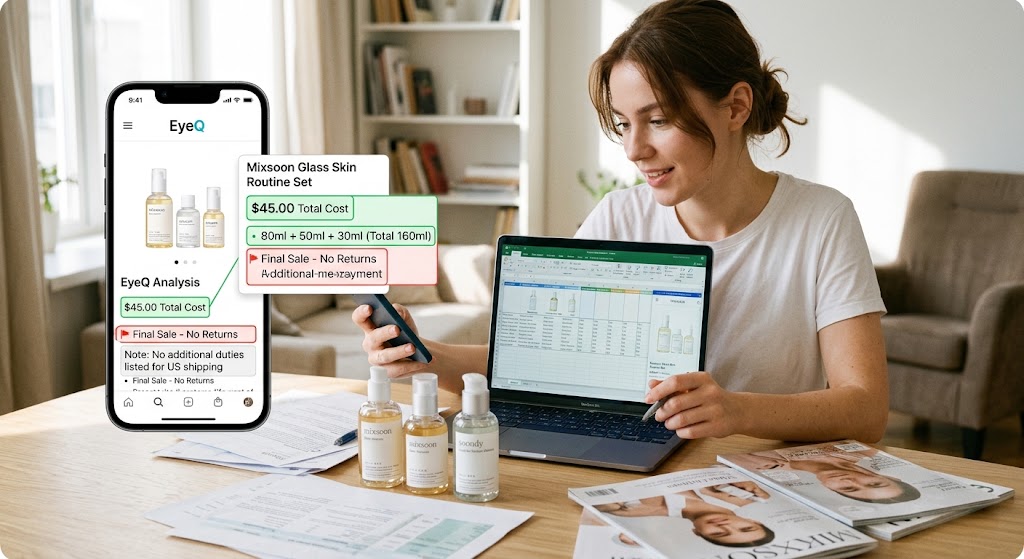 A smartphone displaying an EyeQ analysis popup next to Mixsoon skincare products, a laptop, and documents on a desk.