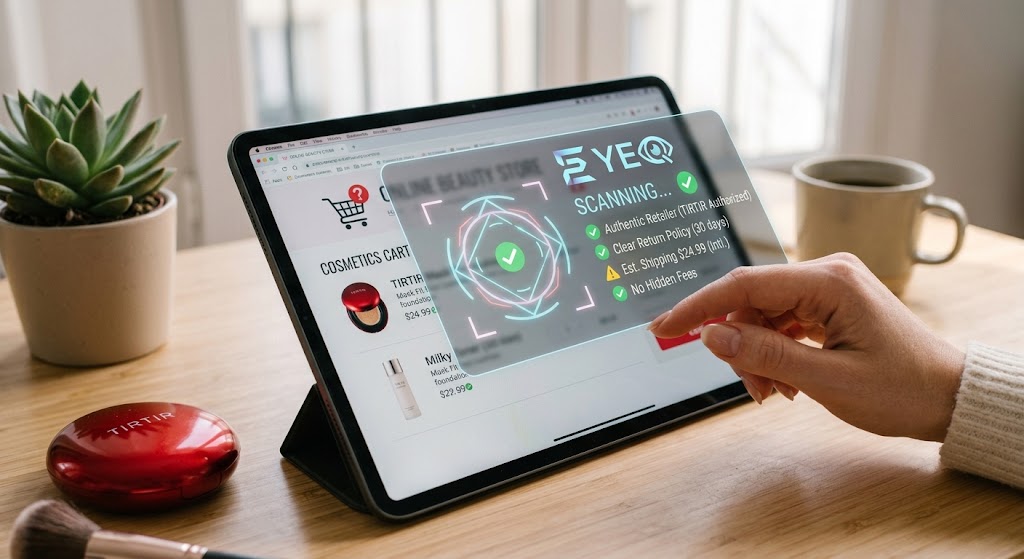 Shopper using an EyeQ digital overlay on a tablet to scan a TIRTIR cosmetics cart for authenticity and hidden fees.