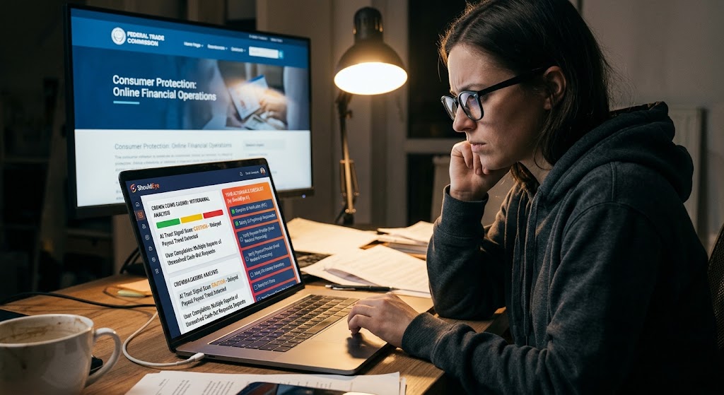 Woman working at a desk reviewing ShouldEye analytics for Crown Coins withdrawal status alongside FTC guidelines.