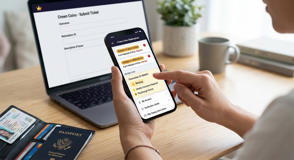 A user reviews pending verification alerts on a phone near a passport, driver's license, and laptop support ticket.