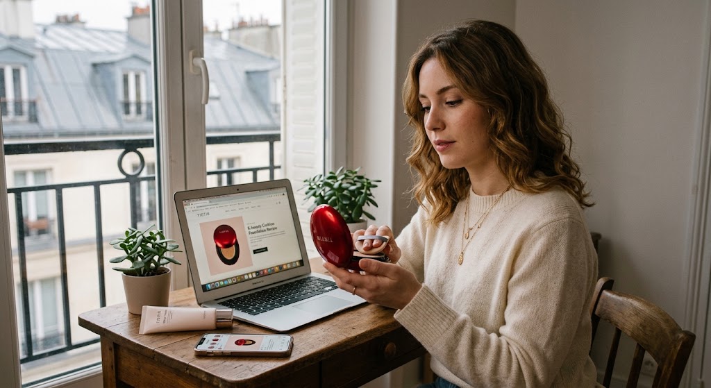 woman  holding a red cushion foundation compact while researching beauty reviews on a laptop.
