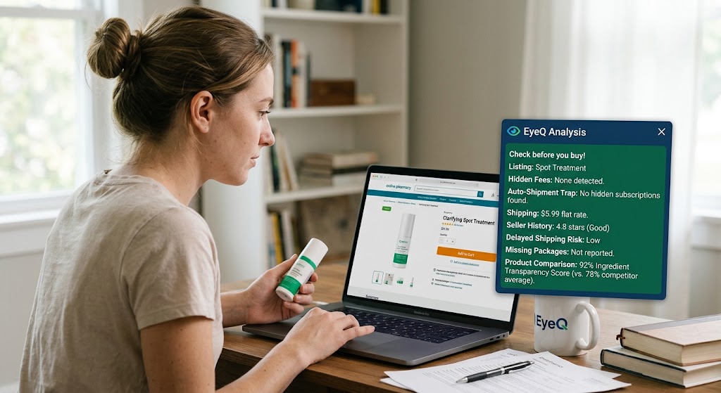 Woman at laptop shopping for spot treatment, with EyeQ interface displaying hidden fees, seller history, and transparency.