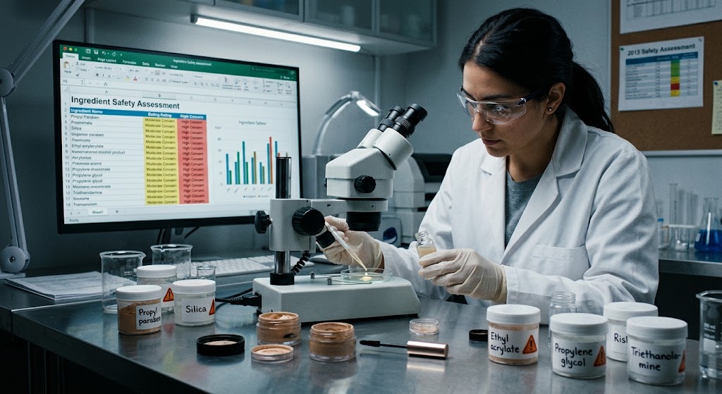 Lab scientist testing cosmetic safety next to labeled ingredients like Propyl Paraben, Silica, and Propylene Glycol.