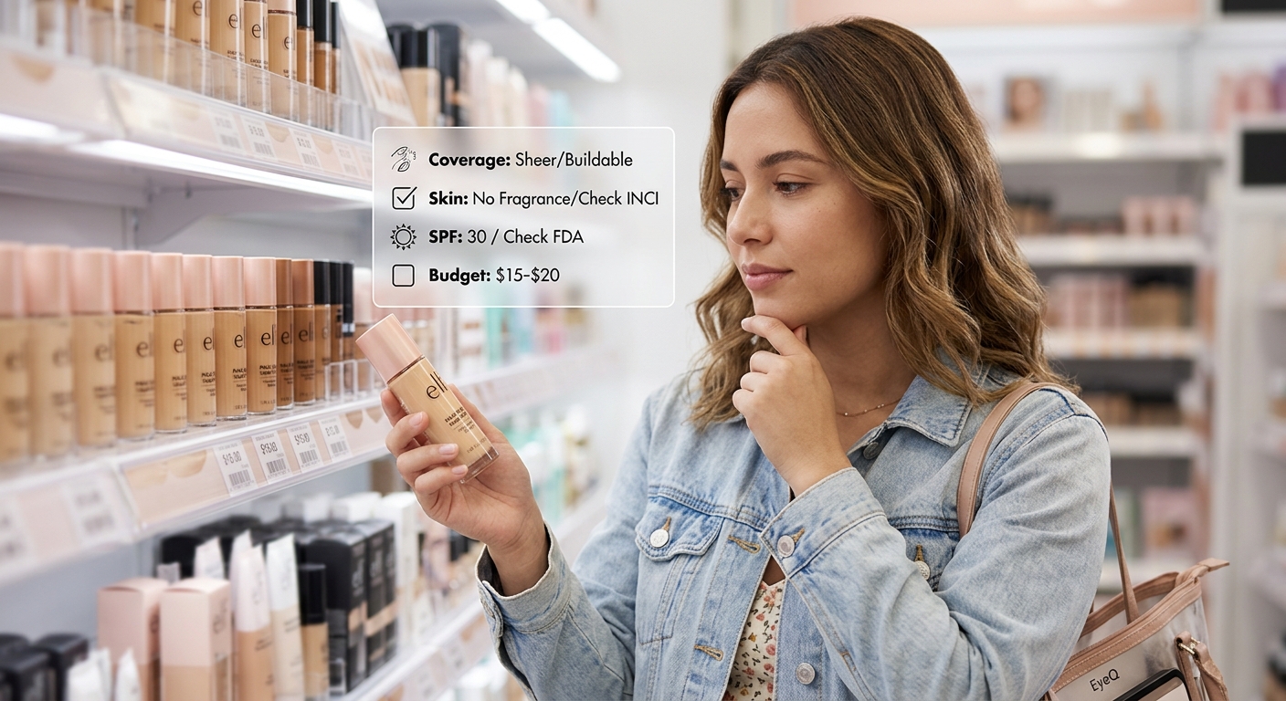 Woman examining e.l.f. Halo Glow foundation in a store, with overlay showing coverage, skin type, SPF, and budget checklist.