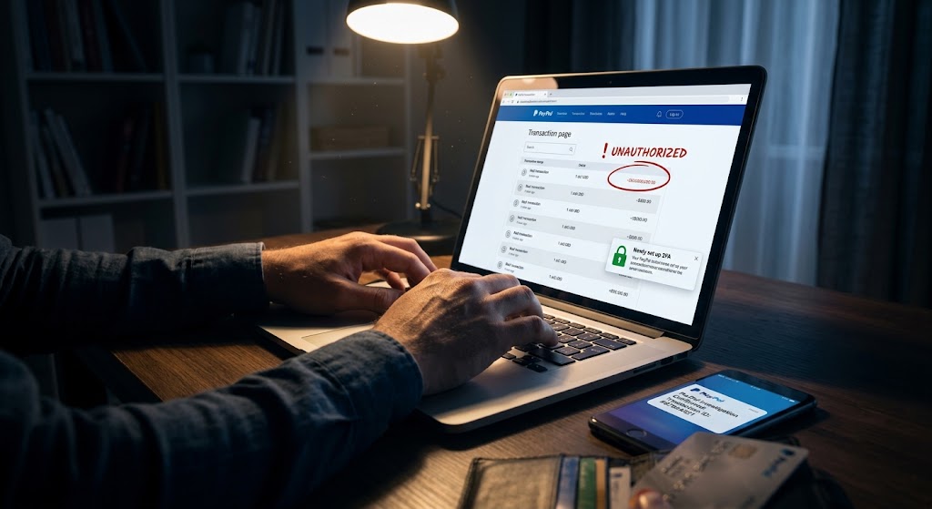 A close-up of a person at a desk at night, using a laptop to view a labeled "UNAUTHORIZED" PayPal transaction.