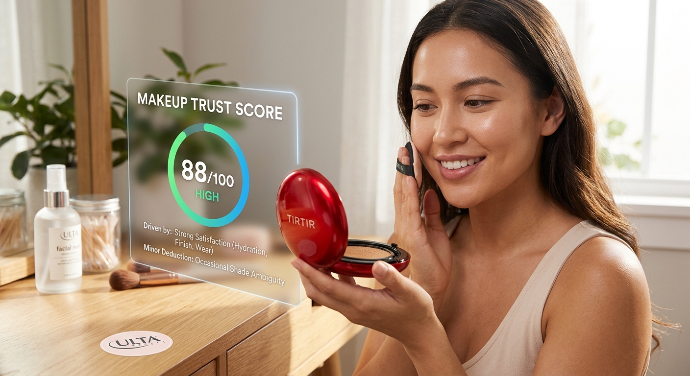 Woman applying TIRTIR Red Cushion foundation with a puff next to a holographic graphic displaying an 88/100 trust score.