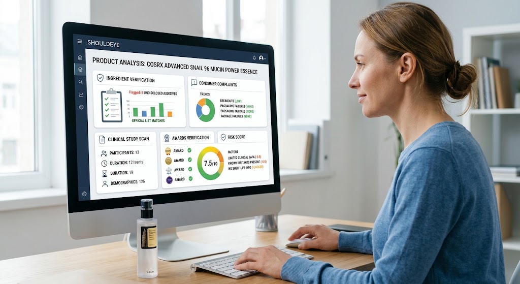 Woman at a desk viewing the ShouldEye dashboard analysis for COSRX Snail Mucin, with the product bottle beside her monitor.