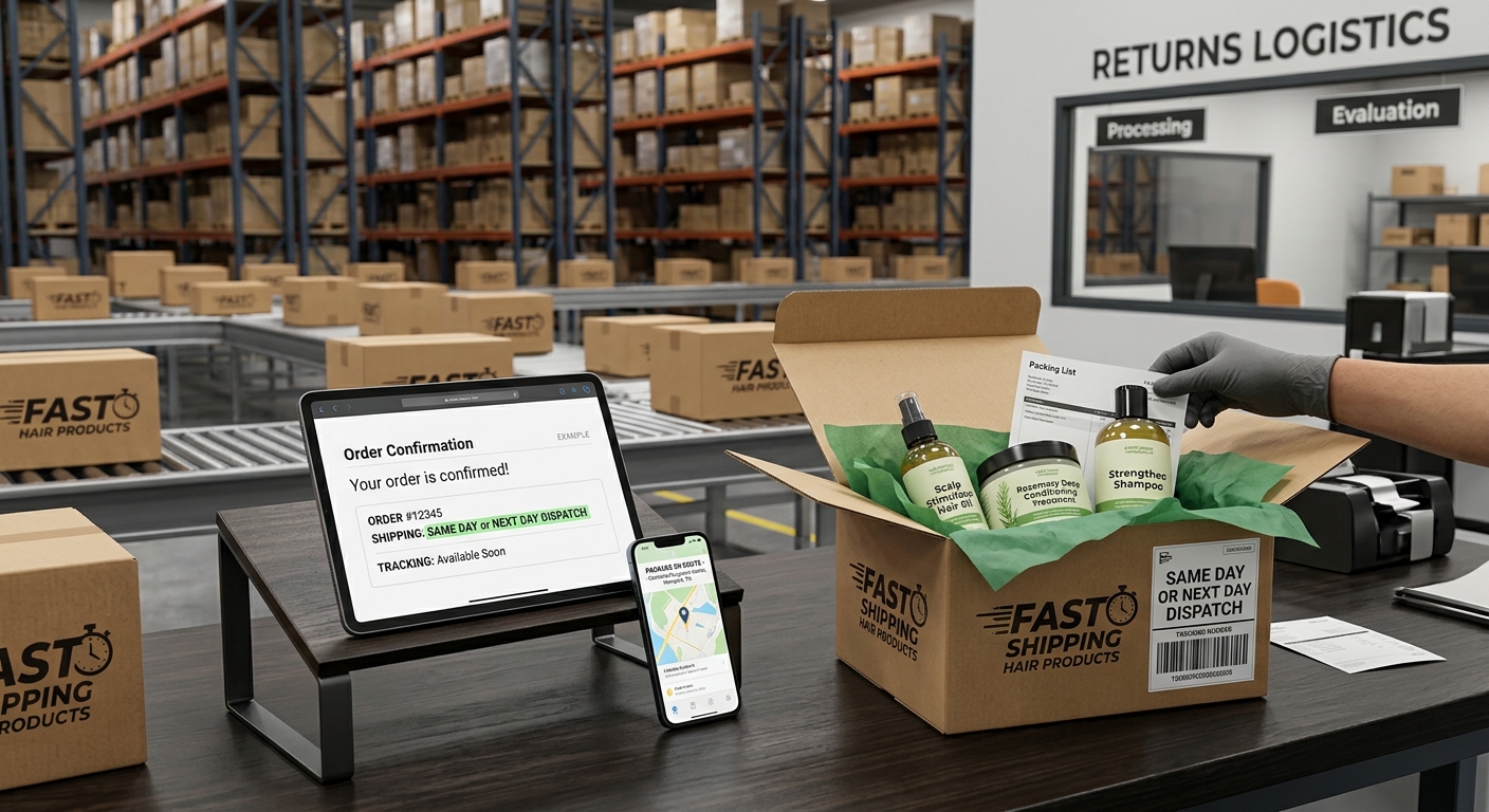 A packing station in a fulfillment center shows a confirmed order on a tablet, a shipping label, and hair care products.