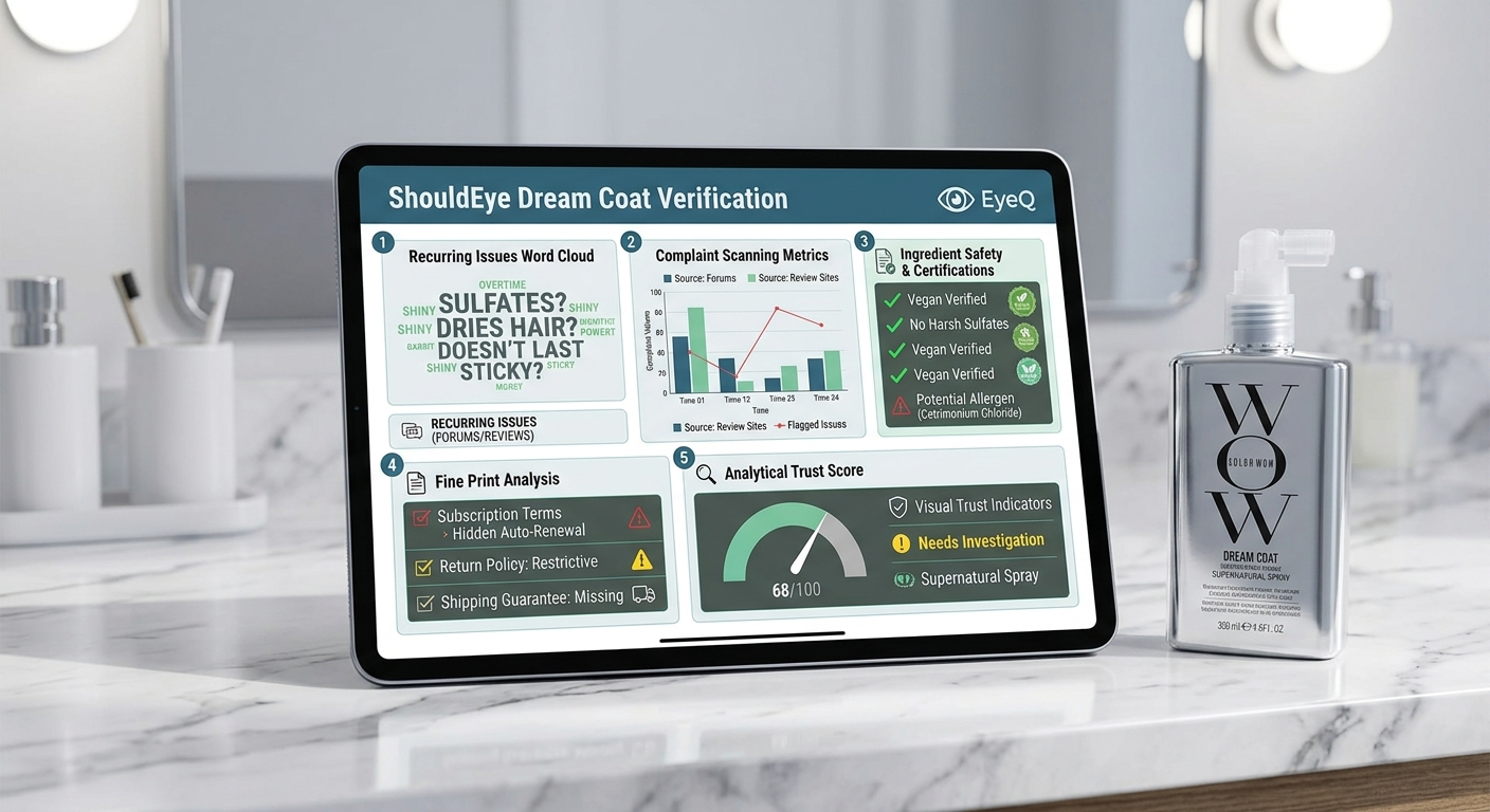 An EyeQ report on a tablet in a bathroom checks "WOW Dream Coat" spray for issues, ingredients, and analysis.