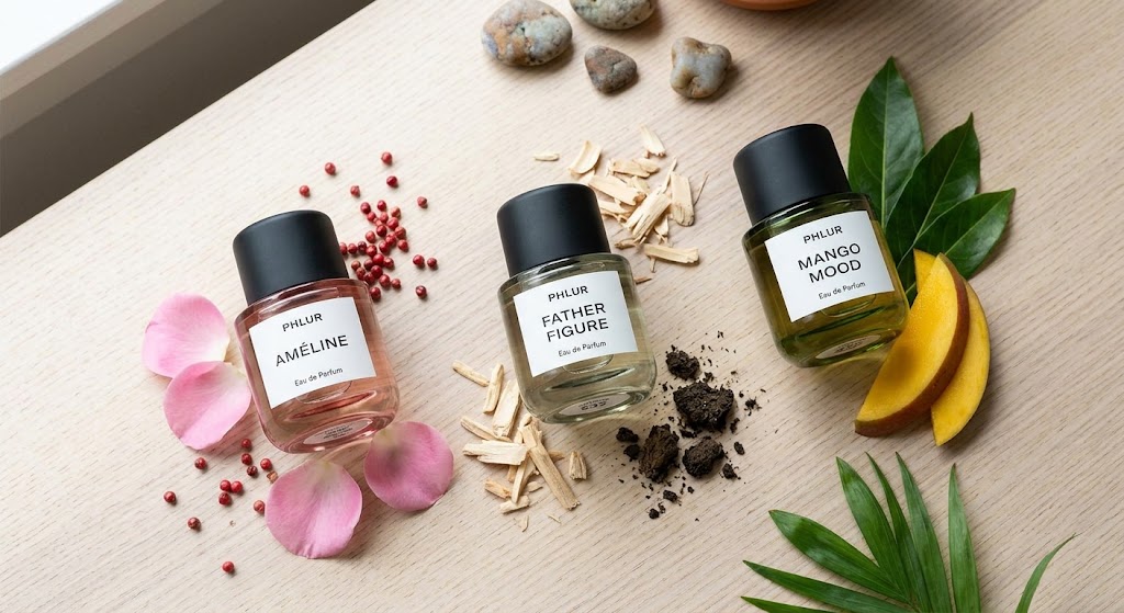 Three Phlur perfume bottles displayed on wood alongside rose petals, pink peppercorns, wood shavings, and mango slices.